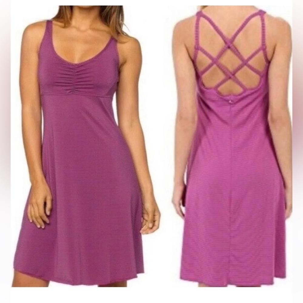 Prana SMALL Rebecca Purple Striped Back Strap Design Jersey Dress Crisscross